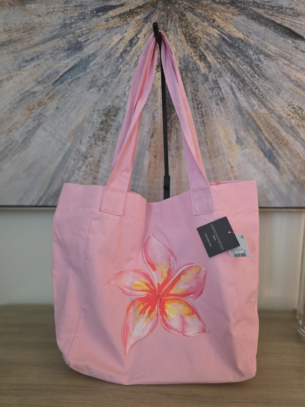 Grayson Threads Pink Canvas Tote with Hand-Painted Plumeria